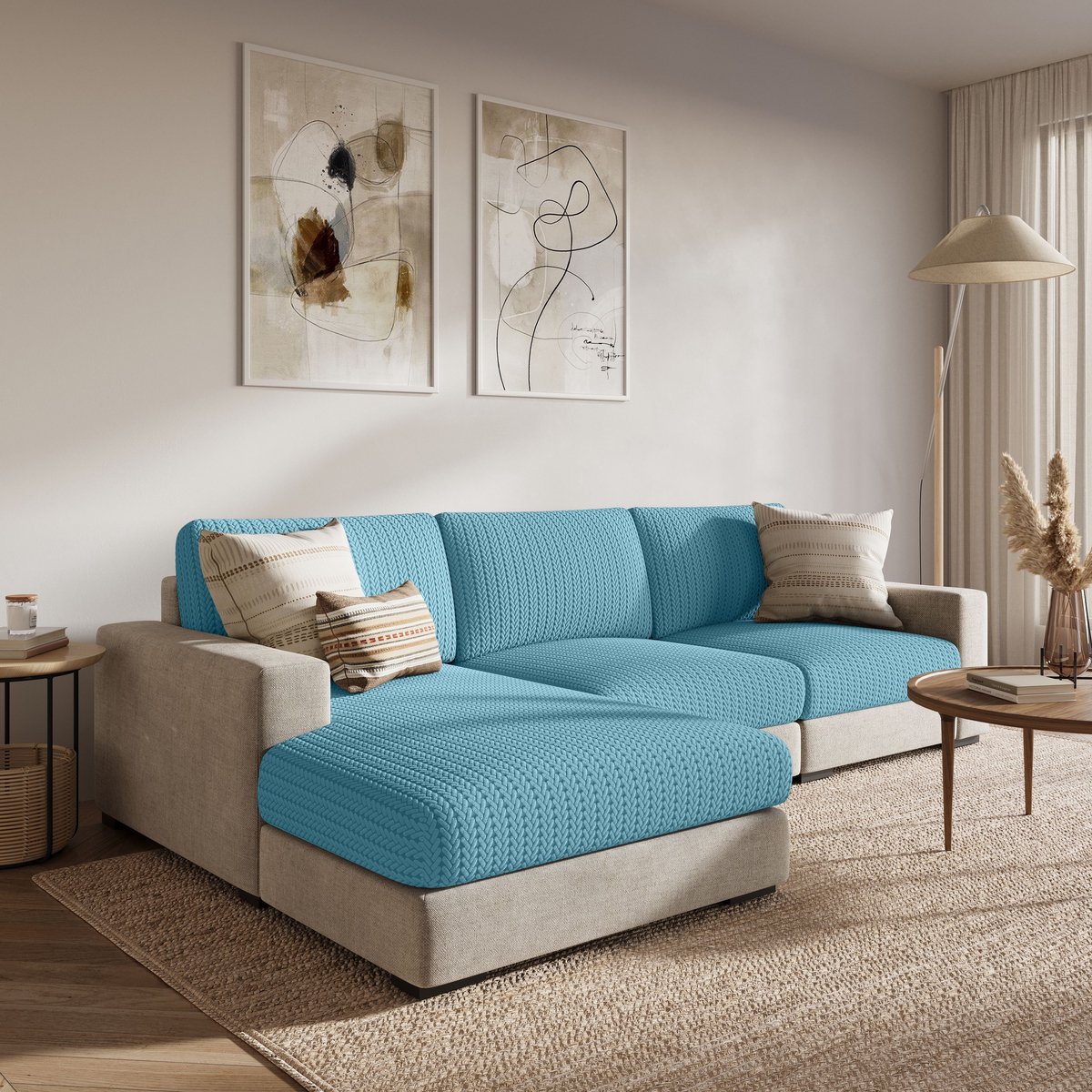 FancySofas Bankhoes Rustic - Chaisehoes - Machinewasbaar & Stretchy - Bankhoezen voor Hoekbank - Hondendeken bank - Hondenkleed - Bankbeschermer - Zetelhoes - Zetelovertrek - Sofa Cover - 30 Dagen Risicoloos Uitproberen - Coral Blue