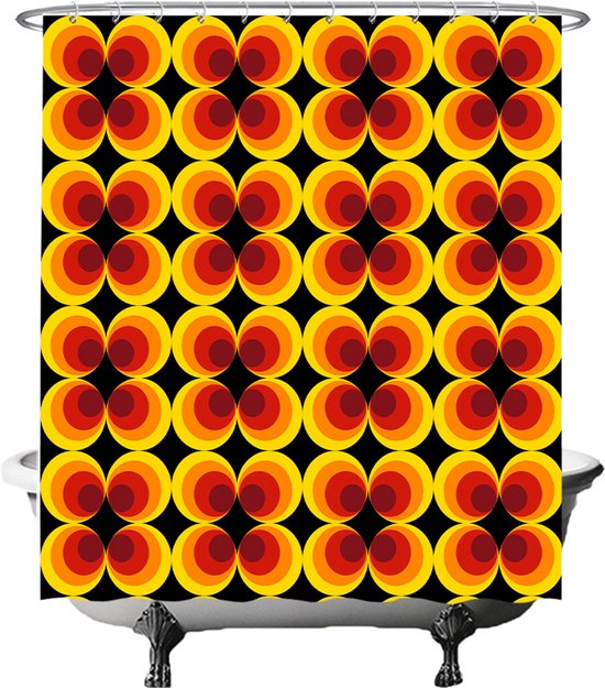 Rideau de douche avec un motif rétro de cercles jaunes, oranges et rouges sur fond noir.