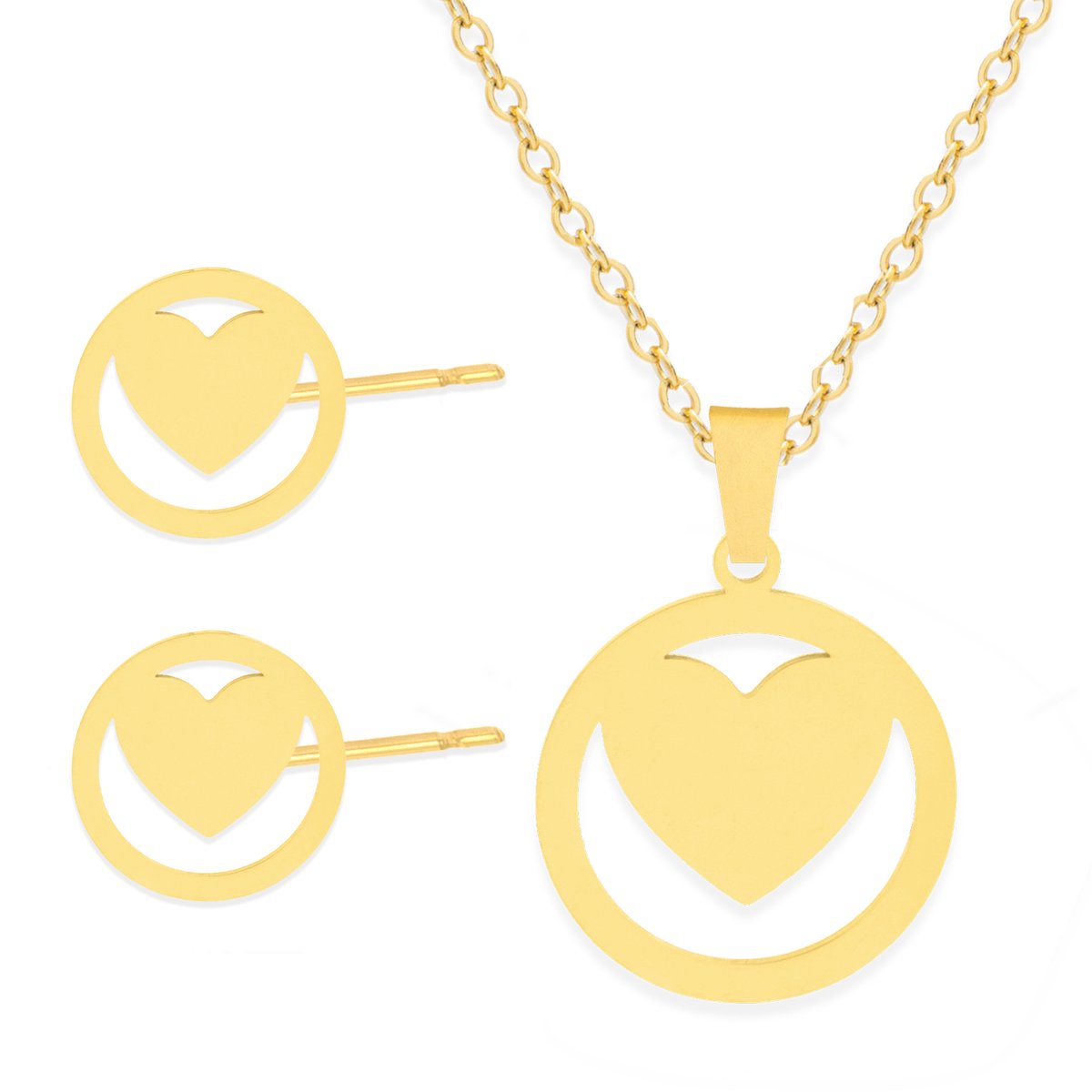 Cadeau Ketting & Oorbellen set met Hartje in Rondje - Roestvrij Staal - Goudkleurig - Cadeau Sieraad op Kaartje - Pax Amare