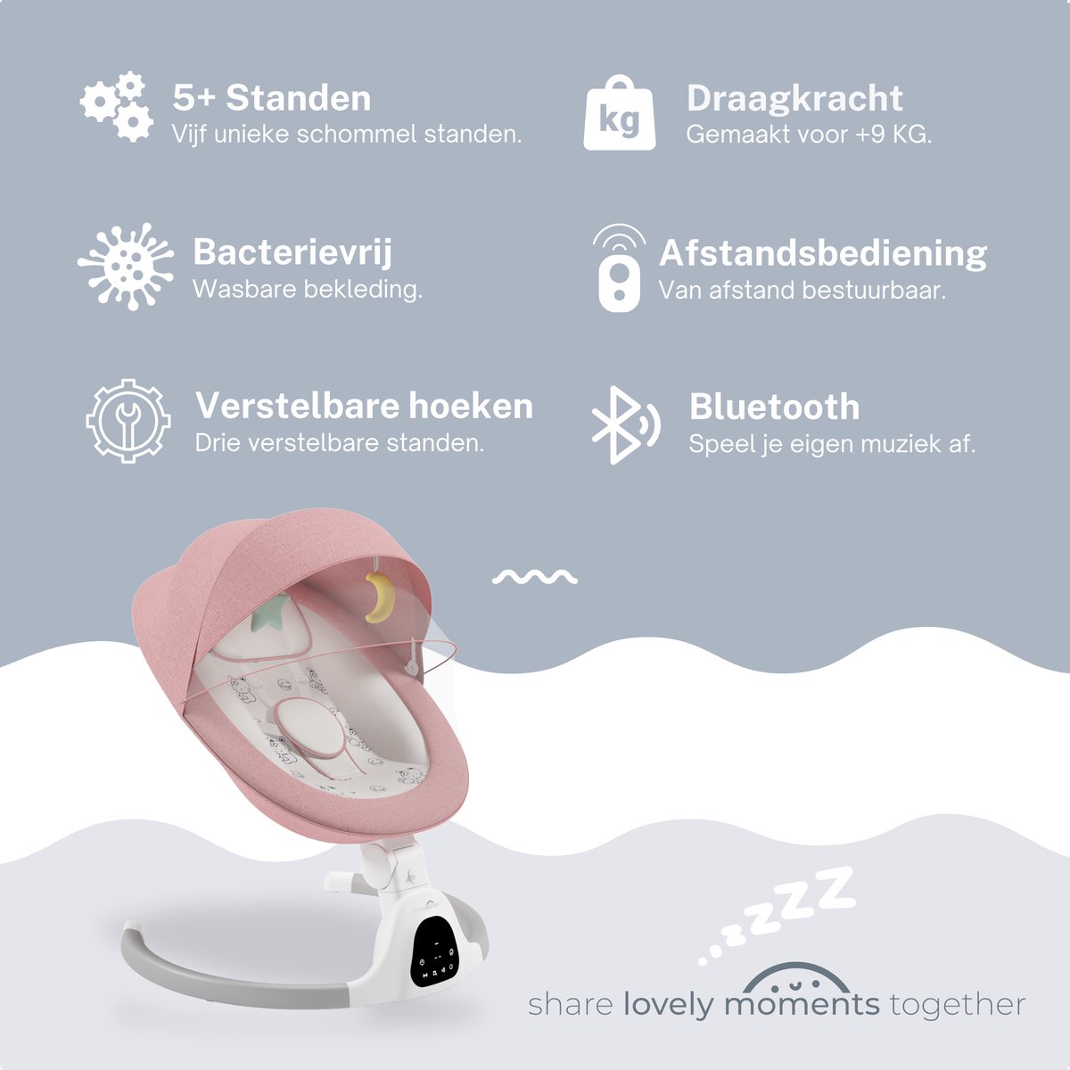 A Tiny Lovely Planet - Wipstoel - Schommelstoel Baby - Elektrisch - Baby Swing - 3 Verstelbare Hoeken en 5 schommelstanden - Roze – foto 2