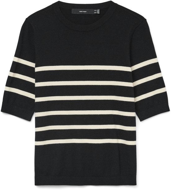 Zwart gebreid shirt met korte mouwen en horizontale witte strepen.