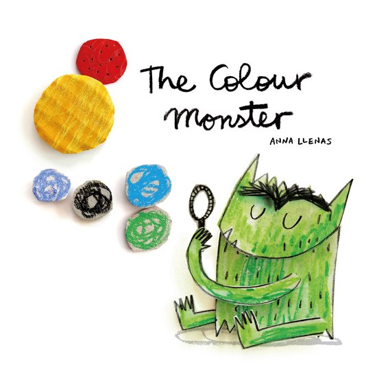 De omslag van 'The Colour Monster' van Anna Llenas met een groene monsterillustratie en kleurvakjes.