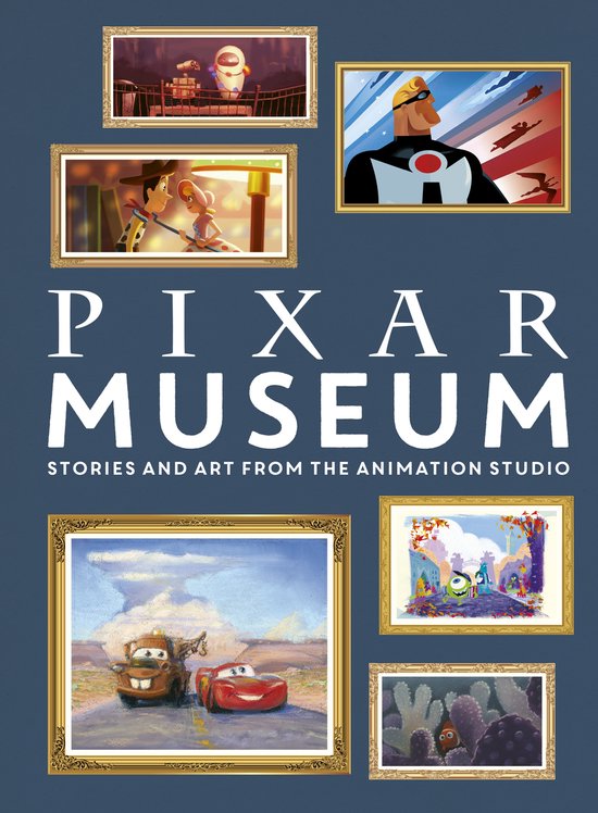 Pixar Museum: verhalen en kunst uit de animatiestudio. Toont schilderijen met personages uit Toy Story, The Incredibles, Cars en Monsters, Inc.