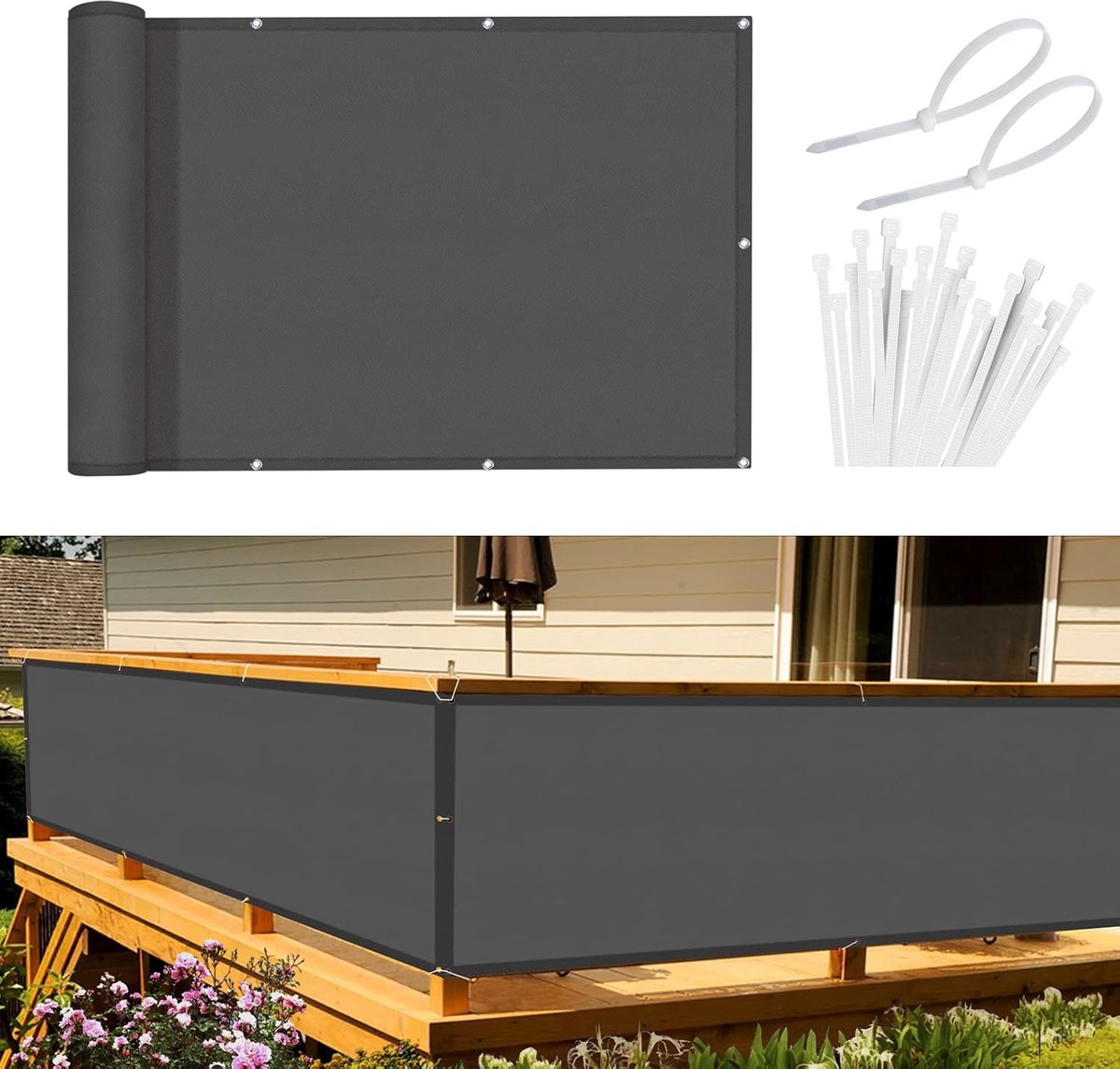 JGS ® Balkonscherm, inkijkbescherming, balkonafdekking, 90 x 800 cm, windbescherming, ondoorzichtig, balkonbekleding, PES 170g/m², wind- en uv-bescherming, met oogjes en kabelbinders, antraciet
