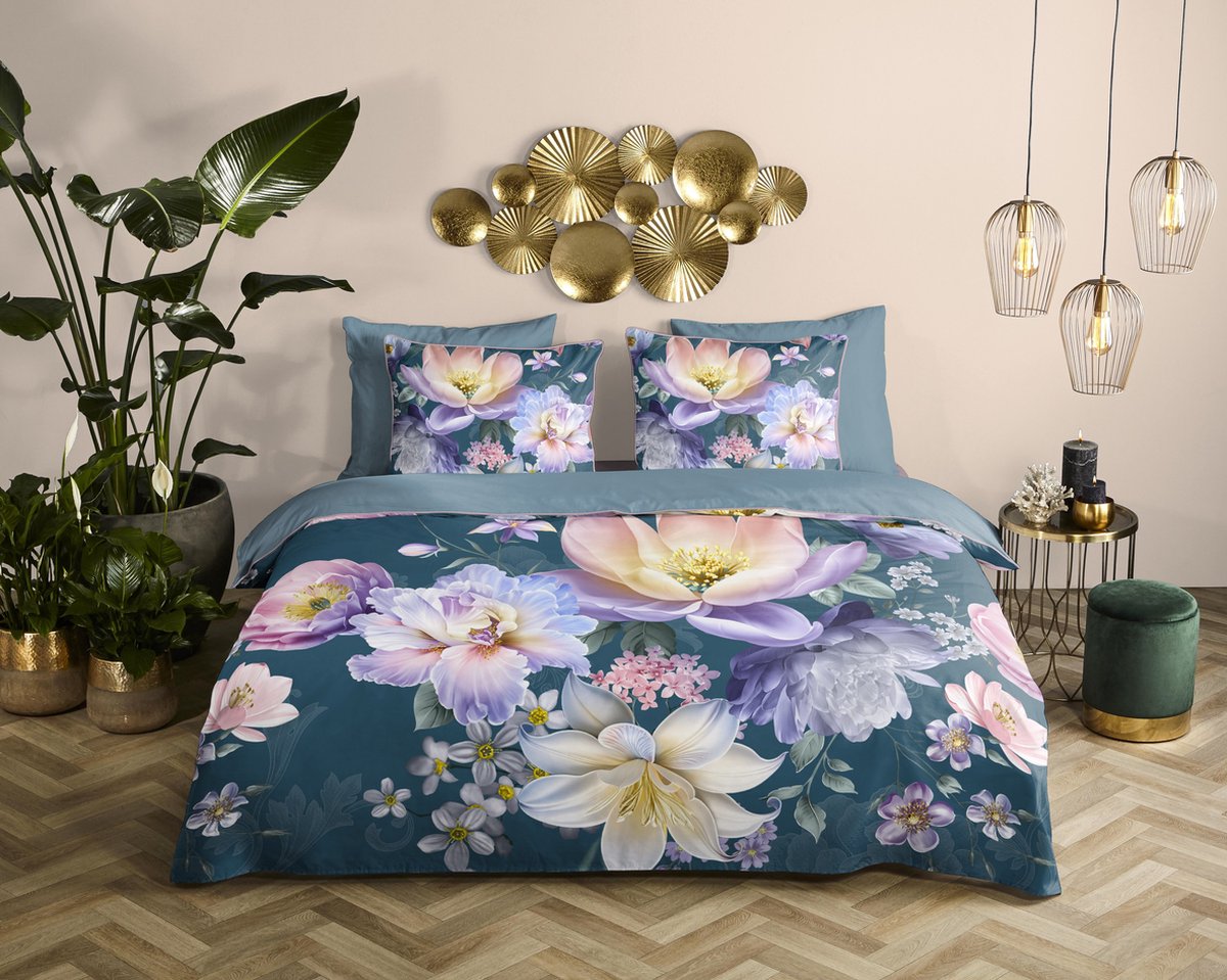 Descanso dekbedovertrek bloemen - 2 persoons 200x200/220 cm - Petrol - 100% Katoen satijn