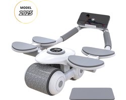 Ab roller - wit - buikspiertrainer - buikspierwiel - 4 Elleboog ondersteuning met automatische terugloop - Training van de Buikspieren - Ab Roller met Arm Ondersteuning - Thuis Trainingsapparatuur - Kniemat - Timer Scherm - six pack - Ab wheel roller