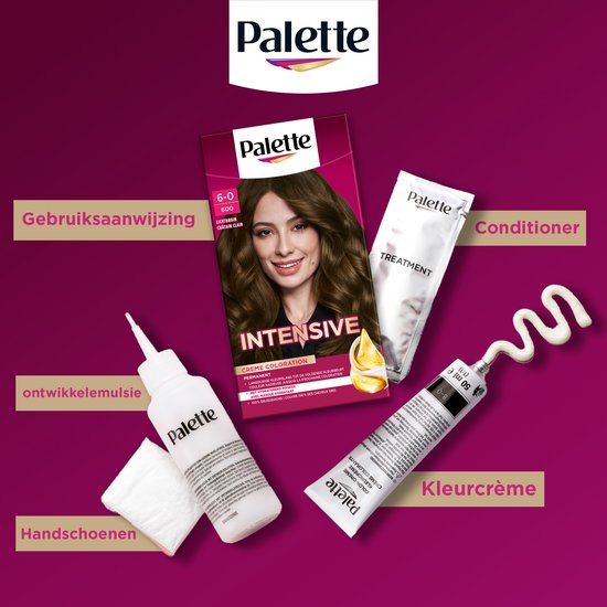 Palette Intensive haarverf set met doos, haarverf tube, ontwikkelemulsie fles, conditioner sachet, en handschoenen.