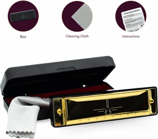 Mondharmonica C voor Volwassenen en Kinderen - Instructieblad - Metallic Gold Blues Harp