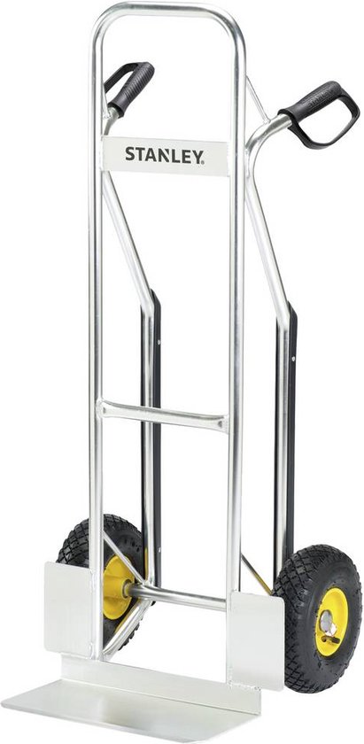 Aluminium steekwagen met zwenkhandgrepen, zwarte banden met gele velgen en een metalen laadplatform.