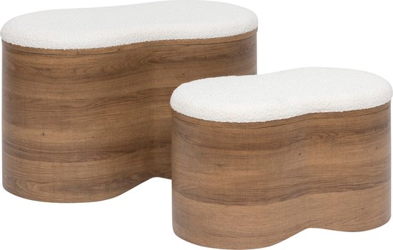 Set van 2 poefs met een houten afwerking en een witte teddyzitting. De poefs hebben een golvend design.