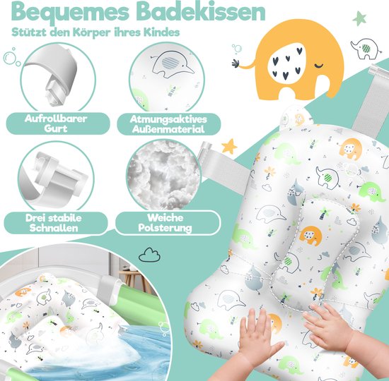 KIDIZ® Babybadje Opvouwbaar met Thermometer - Peuterbadje Ergonomisch, Rutschvrij, Met Zacht Badkussen en Afvoer - Babybad / Baby Bad Set Voor Baby's van 0-12 Maanden - Babybadset - Groen van Merkloos — afbeelding 4