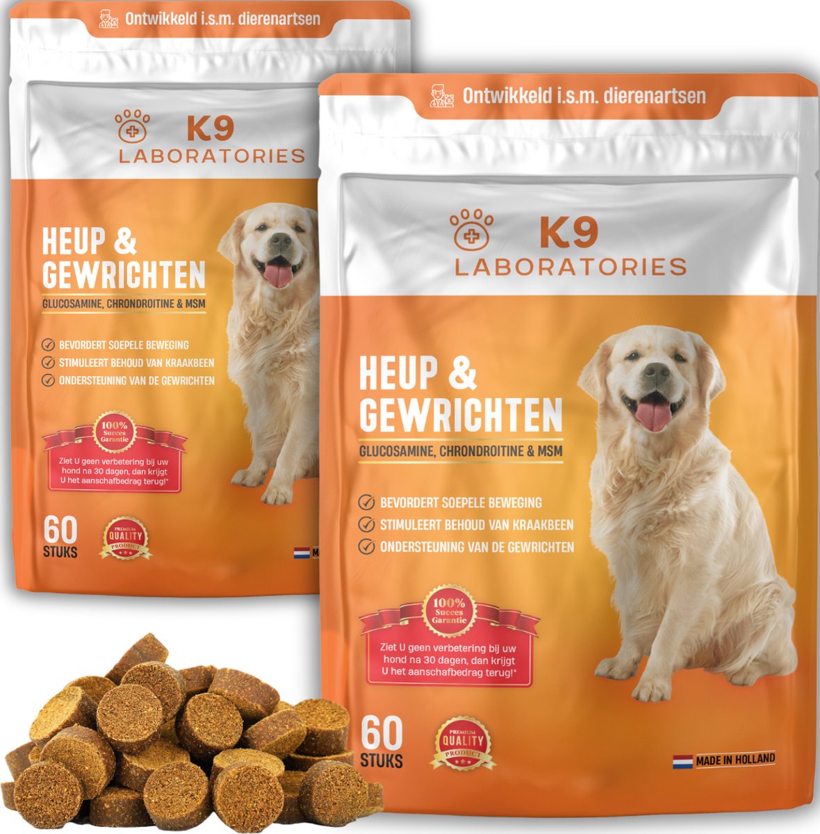 K9 Laboratories Heup & Gewricht - Hondensupplement - Gewrichtsklachten, Ouderdom, Artrose - Met Glucosamine, Chondroïtine, Groenlipmossel, Collageen & MSM - 120 Stuks