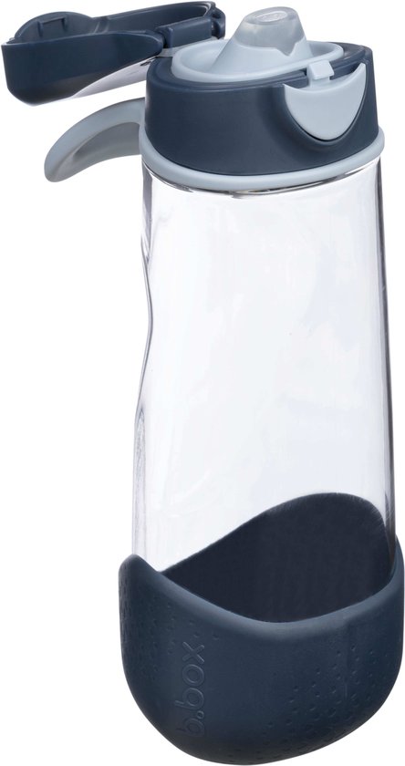 Bouteille de sport transparente b.box avec anneau antidérapant bleu foncé texturé en bas et un couvercle gris/bleu foncé avec poignée.