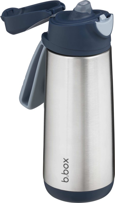 Bouteille en inox avec bouchon sport bleu partiellement ouvert, anse bleu clair et logo b.box.