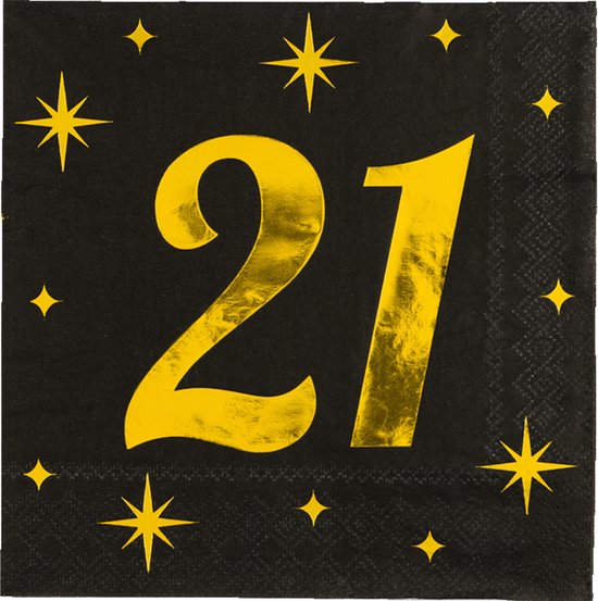 21e verjaardag servetten, zwarte en goudkleurige servetten verjaardag, 20 stuks servies feestservetten, decoraties tissue lunch papieren servetten voor meisjes en jongens, kinderen, feestartikelen