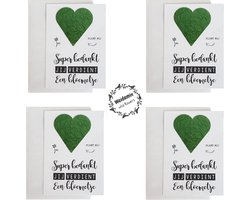 4 stuks bedankjes cadeautjes zaden kaarten super bedankt jij verdient een bloemetje - 4 x enkele A6 kaart inclusief enveloppen - wenskaarten met hart van groeipapier papier met zaden erin - attentie medewerkers personeel juf huwelijk trouwen