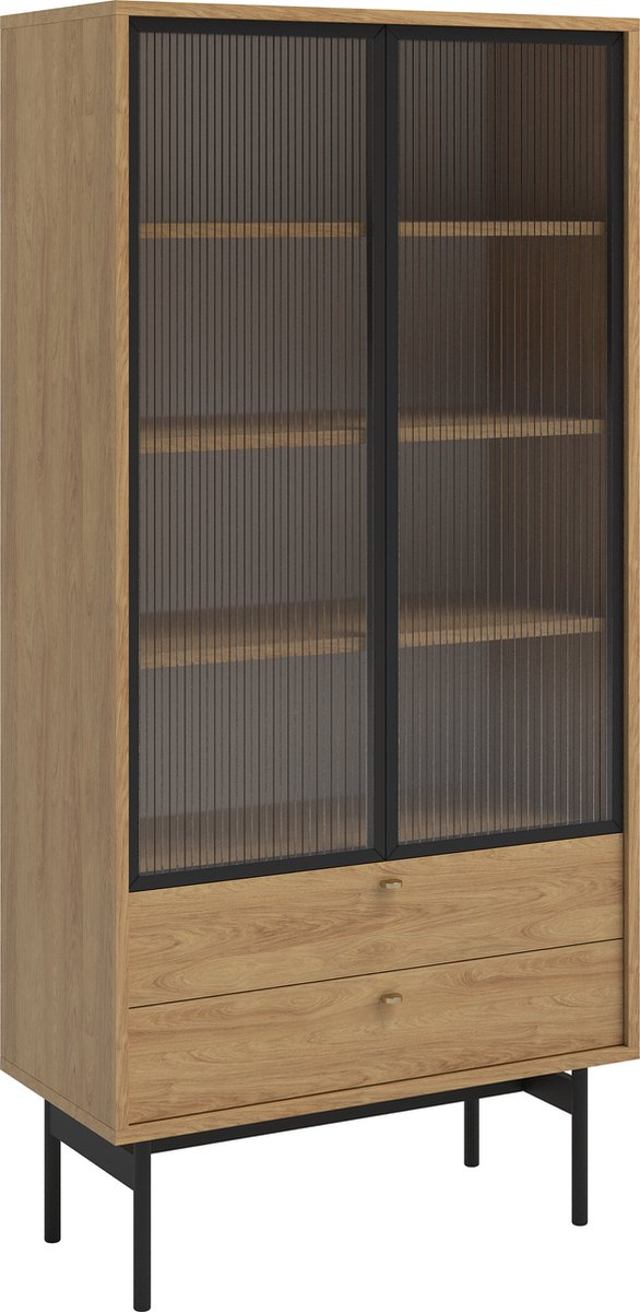 Selsey - OLAR - Hoge Olar vitrine met twee lades - 85 cm - Natuurlijke hickory