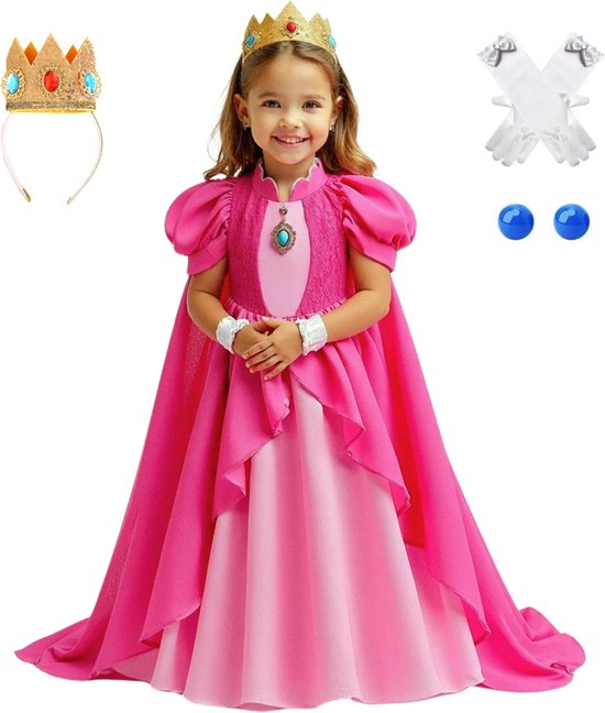 Joya Kids® Princess Peach verkleed jurk voor kinderen | Verkleedjurk Meisje Prinses | Halloween kostuum | Mario thema | Carnaval kleding | Peach prinsessen kostuum Jurk | Maat 100