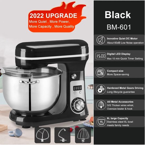 Stemily Keukenmachine - Keukenmixer - 1200W - RVS Mengkom(6L) - Keukenrobot - Foodprocessor - Met Garde, Deeghaak en Menghaak van Stemily — afbeelding 3