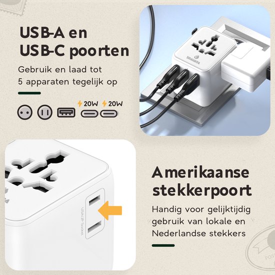 Travara wereldstekker met USB-A en USB-C poorten. Bevat ook een Amerikaanse stekkerpoort voor Nederlandse stekkers. Kan 5 apparaten tegelijk laden.