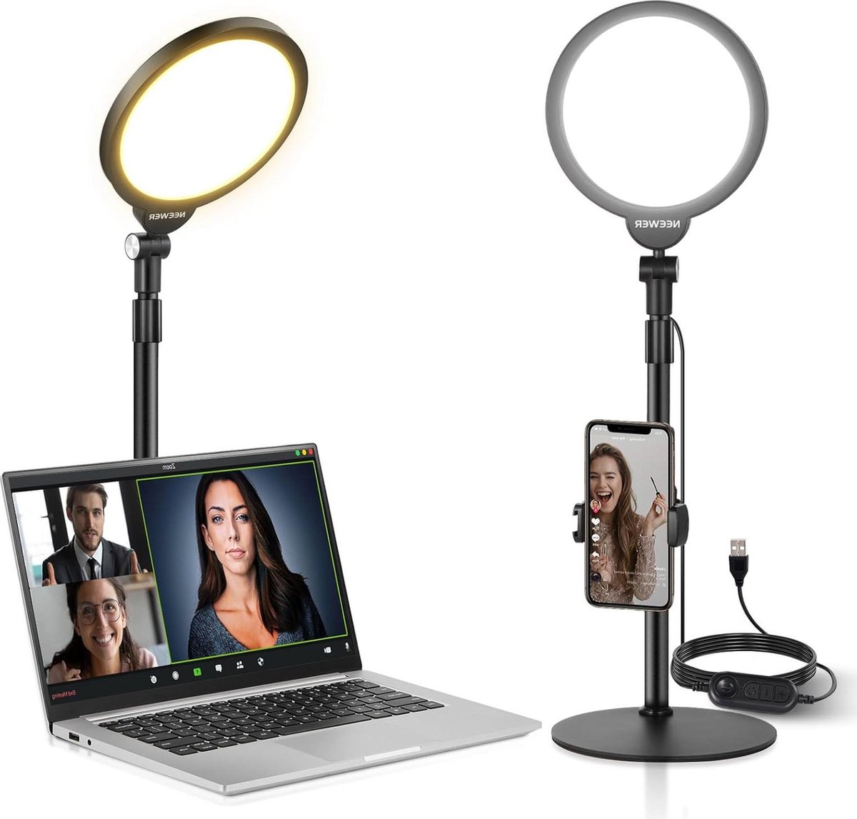 7 inch selfie lichtset met tafelstatief en telefoonhouder - 10W 3000K-6500K dimbaar