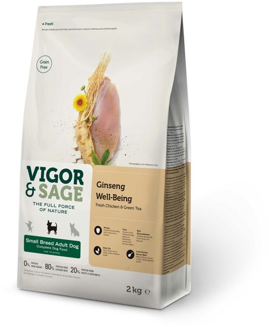 Vigor & Sage Hondenvoer Small Well-Being Ginseng - 4 x 2 kg - Voordeelverpakking