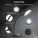 Lampe de bureau noire avec loupe et éclairage LED. Caractéristiques : grossissement 5x, col flexible, écran tactile.