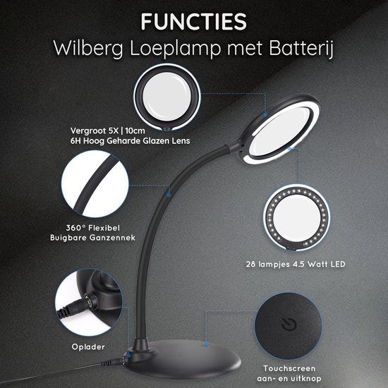 Lampe de bureau noire avec loupe et éclairage LED. Caractéristiques : grossissement 5x, col flexible, écran tactile.