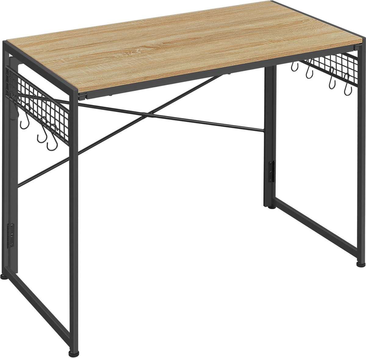 Bureau - SONOMA - Stalen Frame, 8 Haken voor Opslag, Stabil en Praktisch, Perfect voor Studentekamer, Jeugdkamer of Kantoor, Kleur: Eiken Sonoma en Zwart, 100 x 50 x 76,5 cm, Max. 50 kg