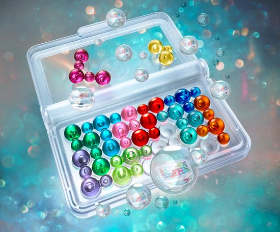 Doosje met paarse en rode spelstukken, gekleurde bubbels en gouden spelstukken, met bubbels op de achtergrond.