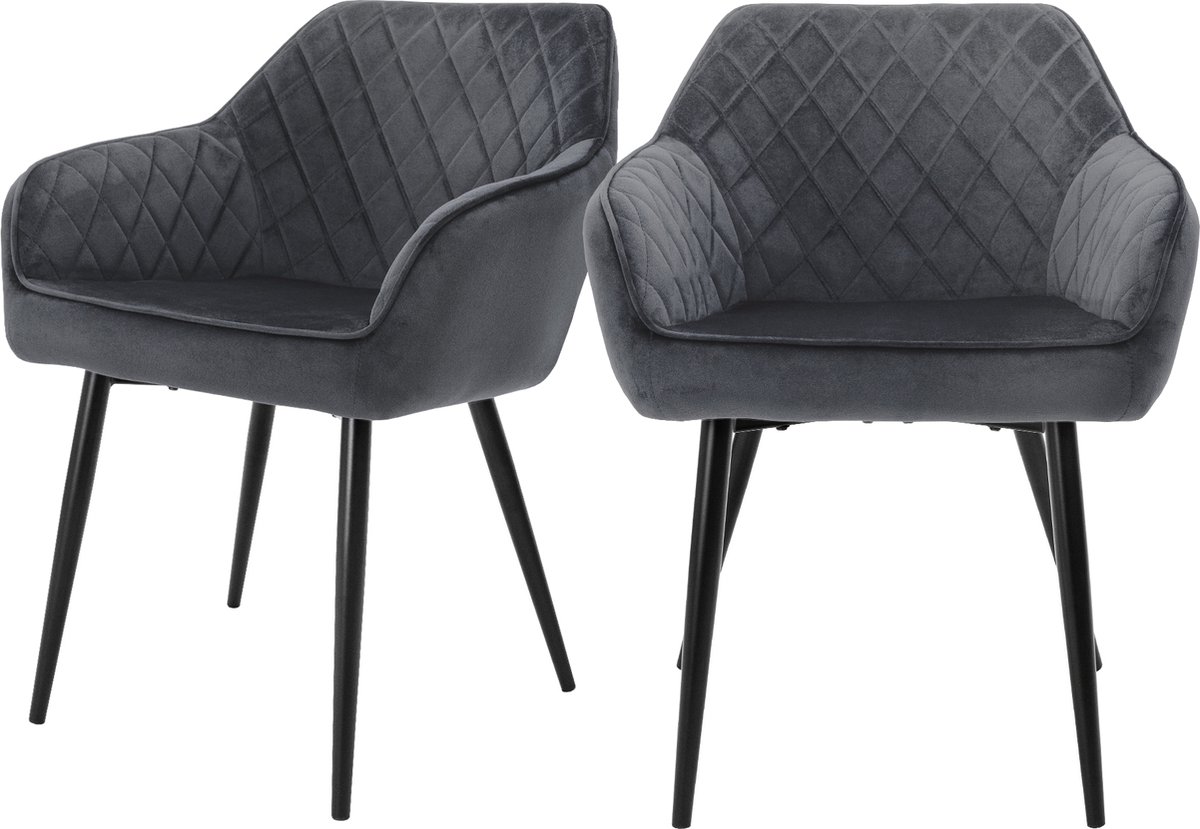 ml-design Eetkamerstoelen set van 2 met armleuningen en rugleuning, antraciet stoelen met comfortabele fluweel bekleding, stevige keukenstoelen met zwarte metalen poten, ergonomische en moderne stoelen voor eetkamer en woonkamer in huis