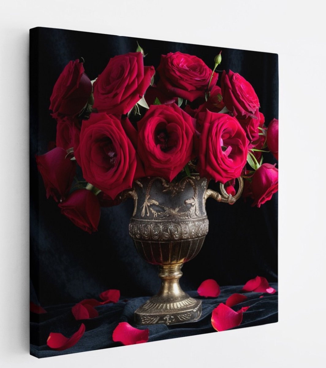 Saammp Canvas Schilderij - Rode Rozen in vaas - Natuur - Bloemen - 40x40 - Foto op canvas - Wanddecoratie - Muurdecoratie Woonkamer - Kantoor Decoratie Multicolor