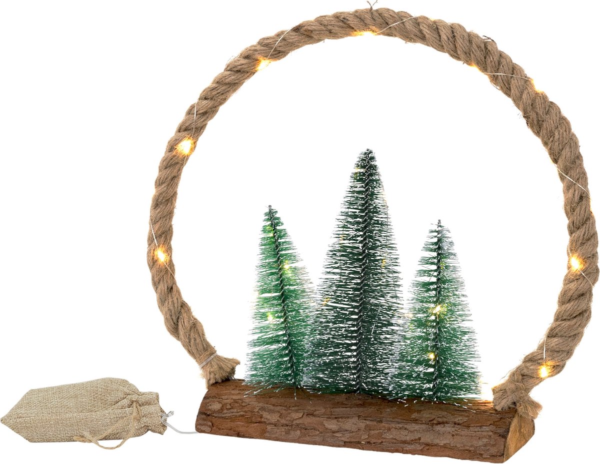 LED jute cirkel 34x30x7,5 cm gemaakt van touw met 30 warmwitte LED's 3 jute zakken Batterijen Timer
