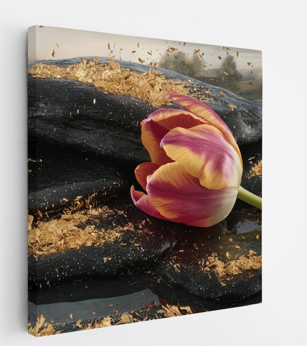 Saammp Canvas Schilderij - Tulp op Steen - Rust - Abstract - 20x20 - Foto op canvas - Wanddecoratie - Muurdecoratie Woonkamer - Kantoor Decoratie Multicolor