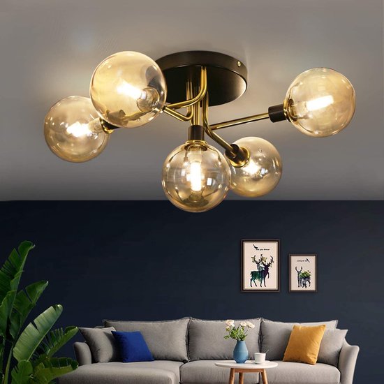 NETTLIFE Plafondlamp - 5 vlammen - G9 Fitting - moderne - metaal - met glazen bol amber - binnenverlichting kroonluchter - voor slaapkamer woonkamer