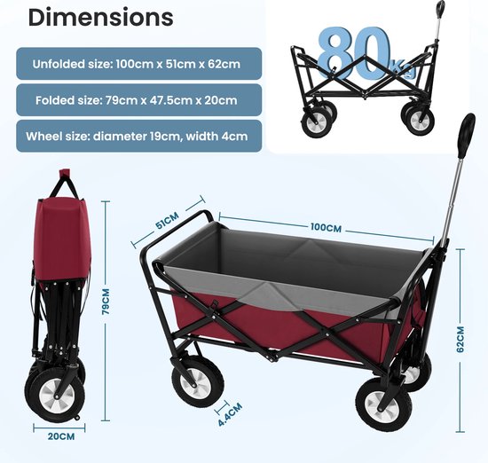 Opvouwbare Bolderkar - Tuinkar, Handkar met 4 Wielen voor Gereedschap, Kamperen, Strand en Tuin - Draagvermogen 80 kg van LifeGoods — afbeelding 2
