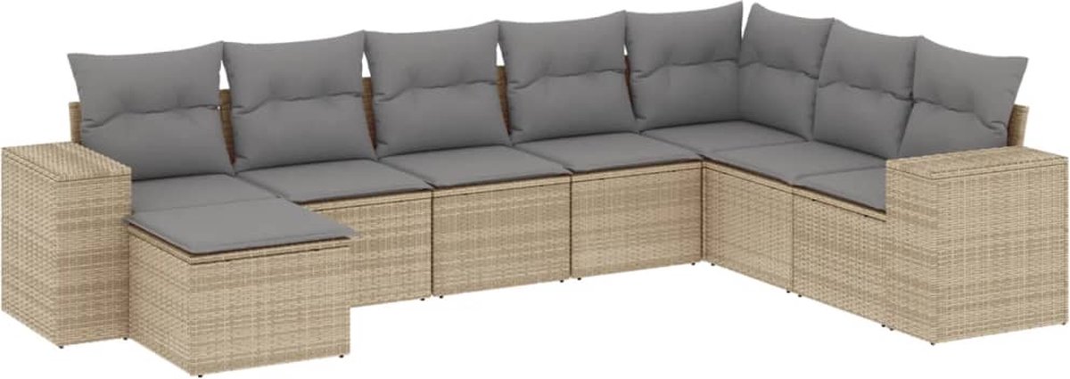 The Living Store 8-delige Loungeset met kussens poly rattan beige - Tuin Lounge Set - Loungebank - Buitendecoratie - Poly Ratan - Outdoor Furniture