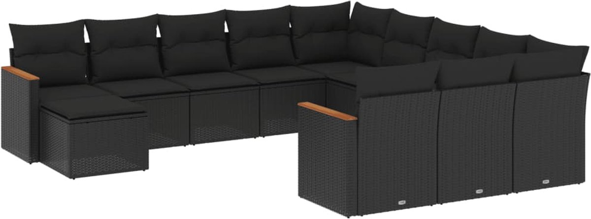 The Living Store 12-delige Loungeset met kussens poly rattan zwart - Loungebank - Tuinset - Lounge Set - Outdoor Furniture - Poly Rattan