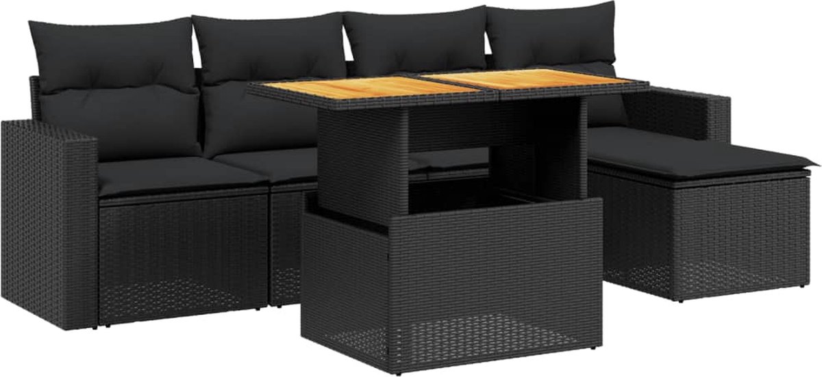 The Living Store 6-delige Loungeset met kussens poly rattan zwart - Loungeset - Tuinset - Lounge - Outdoor Furniture - Buitenmeubels