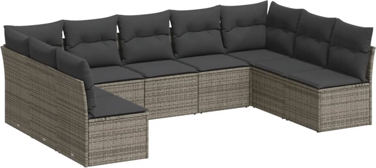 The Living Store 9-delige Loungeset met kussens poly rattan grijs - Loungeset - Tuinset - Buitendecoratie - Lounge - Ratan