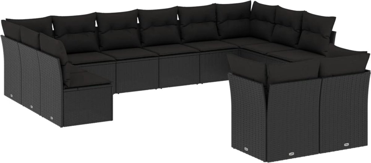 Zwarte poly rattan loungeset met kussens voor buiten - Tuinmeubilair - The Living Store
