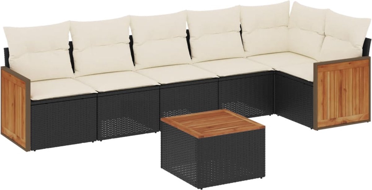 The Living Store 7-delige Loungeset met kussens poly rattan zwart - Loungebank - Lounge Set - Buitendecoratie - Tuinmeubels - Outdoor Furniture