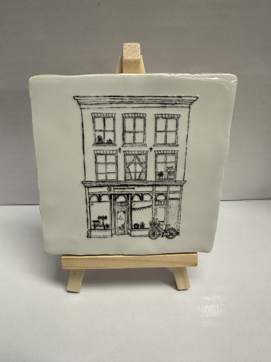 Decoratie tegel huisje b 10x10cm incl. houder