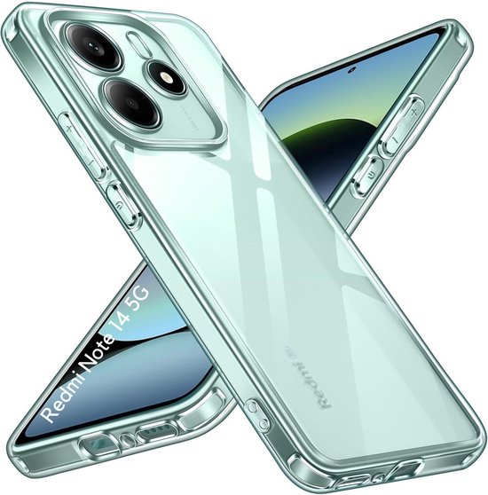 Doorzichtige hoes voor Xiaomi Redmi Note 14 5G, met een lichtgroene tint en een opvallende camera-uitsparing.
