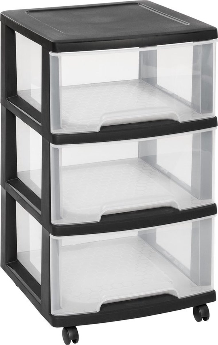 Pluto® - Organizer Chest ladesysteem - 3 middelgrote lades - 3 x 20L - Kunststof - Met Wielen - Zwart/Transparant