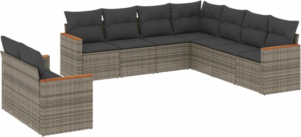 The Living Store 9-delige Loungeset met kussens poly rattan grijs - Loungeset - Tuinset - Buitenkamer - Lounge - Relaxen