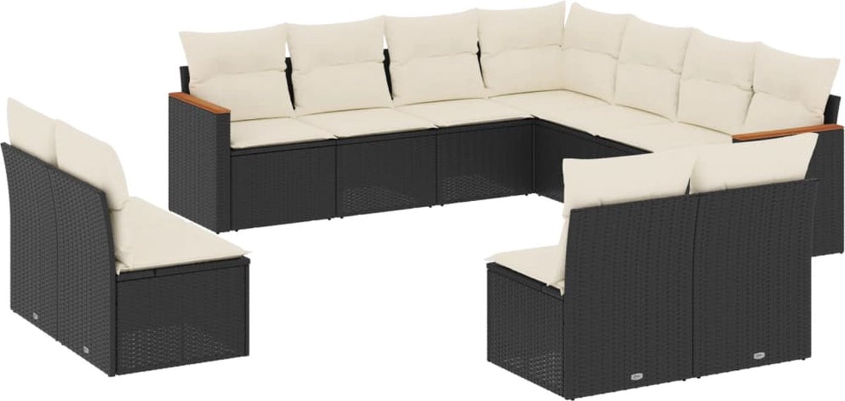 The Living Store 11-delige Loungeset met kussens poly rattan zwart - Loungebank - Lounge Set - Tuinset - Buitendecoratie - Outdoor Furniture
