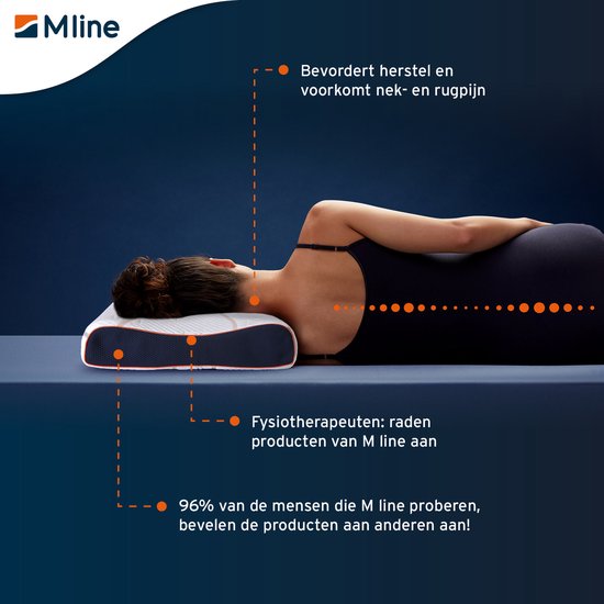 Vrouw ligt op M line hoofdkussen, dat nek- en rugpijn voorkomt. "Mline. Sleep well. Move better."