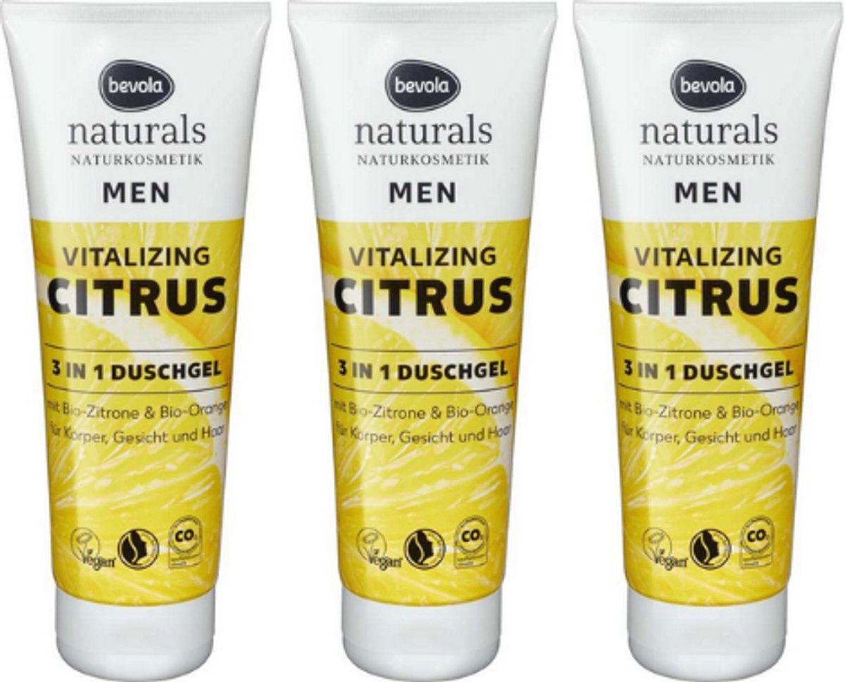 3-in-1 douchegel Men Vitalizing Citrus Combi-Verpakking | Heren Douchegel met bio-citroen en bio-sinaasappel - Voor lichaam, gezicht en haar - vegan - 3x250 ml - Bevola Naturals Douchegel