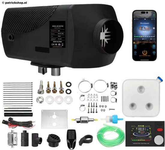 Zwarte diesel luchtverwarmer met toebehoren, smartphone en afstandsbediening.